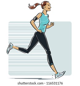 Woman Running. The background, drop shadow and earphones+cord are placed in separate folders in the EPS8 file so they easily can be removed.
