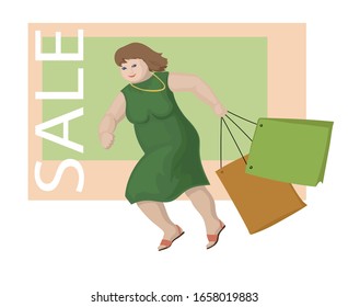 woman running with bags on sale at the store, vector icon.