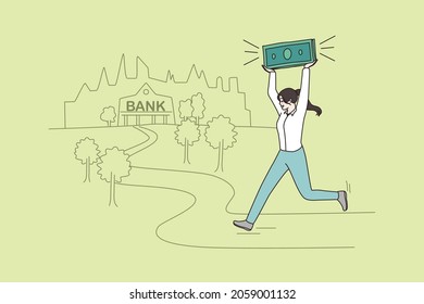 Woman running to bank with dollar banknotes in hands, make financial investment. Smiling female carry money pay loan or mortgage. Debt free, finance concept. Flat vector illustration. 