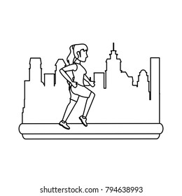 Woman running cartoon in the city