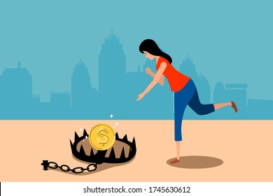 A woman is running to catch the coin in iron trap. She risk to lost her money from investments.