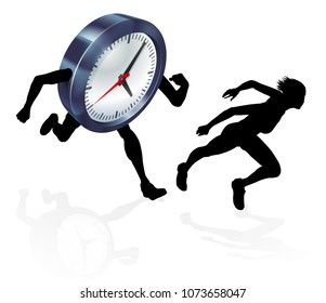 A woman running from a clock or racing it concept for time pressure or work life balance, being stressed or racing a deadline