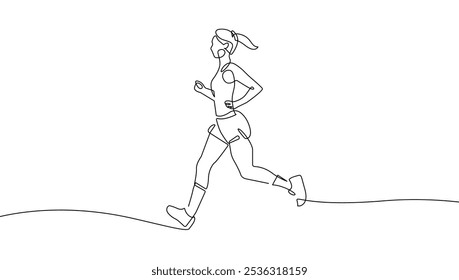 Mujer Corriendo Dibujo Continuo De Una Línea. Silueta femenina Ejecutar Abstractas Dibujo minimalista de una línea. Ilustración deportiva continua de una línea. Dibujo de contorno de moda moderna. Vector 10.