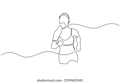 Woman running continuous one line drawing. Jogging abstract single line art, Single continuous line drawing of a young woman athlete running fast. Sport running woman concept of sports.