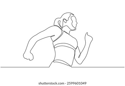 Woman running continuous one line drawing. Jogging abstract single line art, Single continuous line drawing of a young woman athlete running fast. Sport running woman concept of sports.
