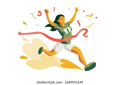 Woman running to cross finish line in competition vector illustration. Athlete female winning race flat design. Jogging tournament concept. Isolated on white