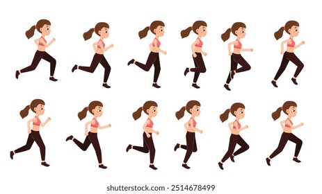 Mujer corriendo ciclo conjunto. Chica de fitness con uniforme deportivo. Pack de personajes para crear dibujos animados. Estilo de vida activo y deportes, maratón. Colección plana del Vector aislada en el fondo blanco