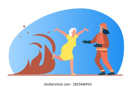 Woman running from dangerous fire blaze to firefighter, flat vector rescue concept illustration. Emergency service and accident concept for banner, website design or landing web page