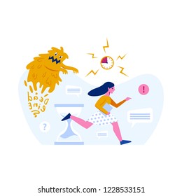 Woman running from a deadline monster. Flat style vector illustration.