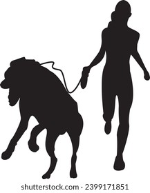 woman running with dog, big fierce dog on leash in woman's hand, silhouette, vector, image material for poster banner sticker etc