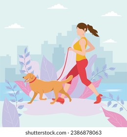 Woman running with dog in the city. Outdoor activities, healthy lifestyle, sport, exercises, jogging concept. Vector illustration in flat style.