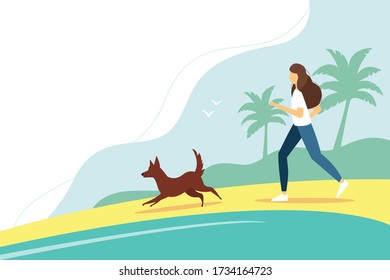 Woman running with the dog on the beach. Summer vector illustration in flat style. 