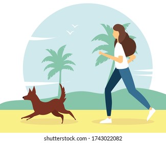 Woman running with the dog on the beach. Concept of active recreation. Vector illustration in flat style.