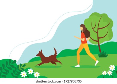 Woman running with the dog in the Park. The concept of an active lifestyle. Cute summer illustration in flat style.