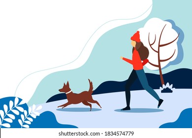 Woman running with the dog in the Park. The concept of an active lifestyle. Vector winter illustration in flat style. 