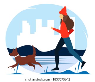 Woman running with the dog in the Park. Cute winter illustration in flat style.