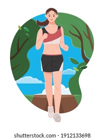 A woman running down a park trail. Exercise, healthy lifestyle concept vector illustration.