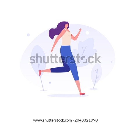Woman running down the street, doing track and field athletics. Concept of outdoor fitness, outdoor yoga, group exercise in park, sports lifestyle. Vector illustration in flat design