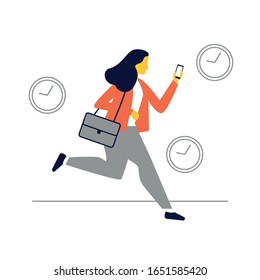 Woman is running down street late for meeting. Full length portrait of a busy businesswoman running with wall clock. Flat illustration. 