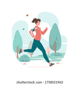 Woman running during fitness training in park vector illustration. Healthy female athlete with smartphone on arm listening to music and running during workout in morning at park