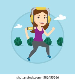 Woman running with earphones and armband for smartphone. Woman using smartphone to listen to music while running in the park. Vector flat design illustration in the circle isolated on background.