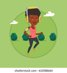 Woman running with earphones and armband for smartphone. Woman using smartphone to listen to music while running in the park. Vector flat design illustration in the circle isolated on background.