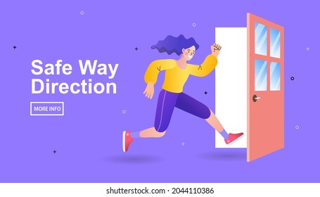 woman running to escape. Girl run to open door. People leaving home. Lady staing in the doorway. Trendy flat vector illustration.