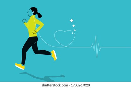 Woman running exercise with headphone heart line, fitnesses healthy. vector illustration.