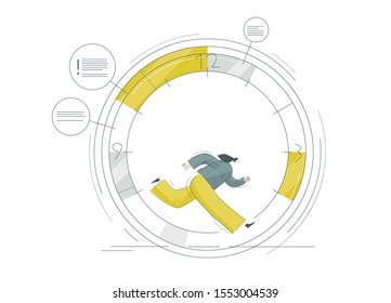 Woman is running fast in circles. Busy worker makes schedule. Businesswoman manages urgent tasks, events in graphic. Clock reminds about deadline. Linear vector illustration EPS 10 isolated on white