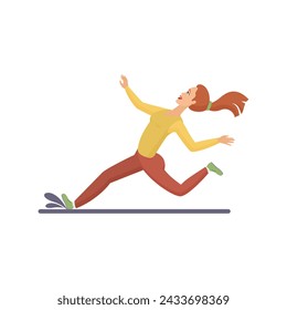 Woman running fast, female character falling on wet floor or road surface vector illustration