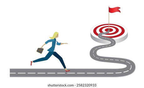 Woman running fast towards goal on winding road. Vector illustration.