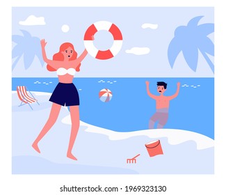 Woman running with flotation ring to sinking boy. Sea, water, danger flat vector illustration. Emergency and vacation concept for banner, website design or landing web page