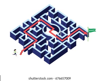 Woman running follow arrow direction  in maze / labyrinth