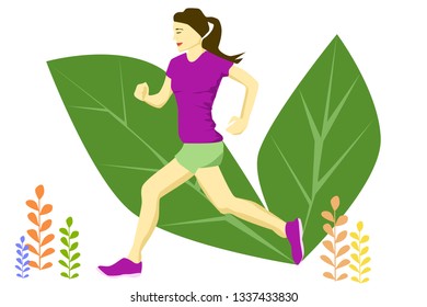 Woman running with green leaves on background. Girl doing exercise. International health day. Female sport vector illustration