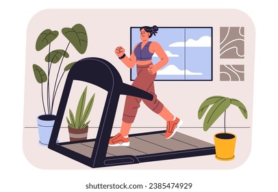 Woman running in gym, girl jogging indoor. Runner do home exercises, fitness. Jogger in sportswear walk on treadmill. Female watching her figure, keep its body, health. Sport flat vector illustration