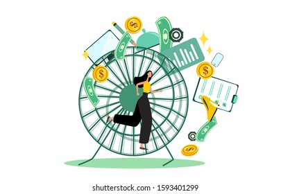 Woman is running in hamster wheel. A lot of stuff round woman. A lot of to do. Concept design and metaphor of hard working