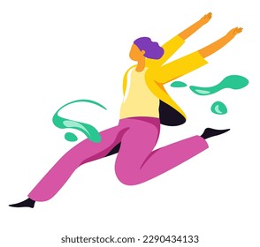 Woman running happily, expressing excitement or joy. Isolated female character with positive expression and body gestures. Raising hands up. Girl rushing or dashing, busy. Vector in flat style