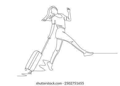 Woman running happily while on holiday. Holiday travel concept one-line drawing