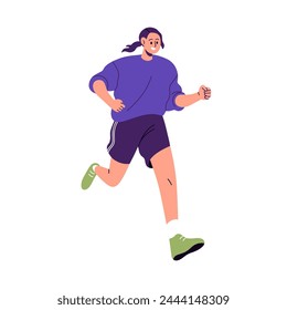 Woman running. Happy active girl jogging. Runner, cardio exercise, workout. Smiling female jogger training in sport shorts and sneakers. Flat vector illustration isolated on white background