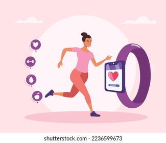 Woman running healthy icons and exercise data in smartwatch. Vector illustration.