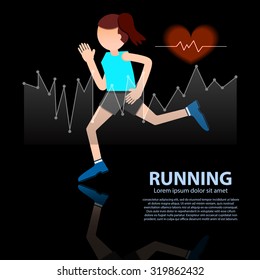 woman running healthy lifestyle figure with hear rate on black background vector illustration