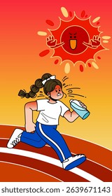 Woman running in the heat with the sun