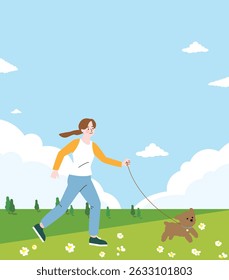 A woman running with her dog in a sunny park
