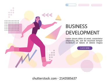 Woman running to her goal. Memphis geometric shapes background. Business developement, career success or growth and opportunity, startup banner, landing page. Creative trendy flat character. Vector