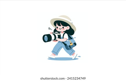 Woman running holding a camera, wearing a funny hat and smiling.vector illustration cute