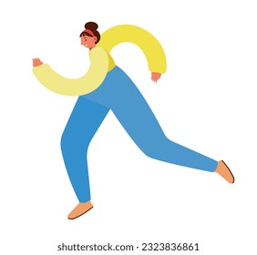 Woman is running in a hurry, side view. Female is wearing pants and long-sleeve jacket. Distorted proportions style, isolated vector illustration.