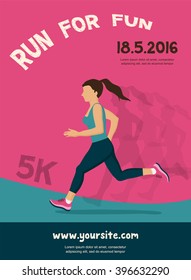 woman running, jogging - colorful illustration.  competition poster, vector template design with pink background