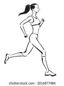 Woman Running or Jogging Exercise, Line Art Illustration