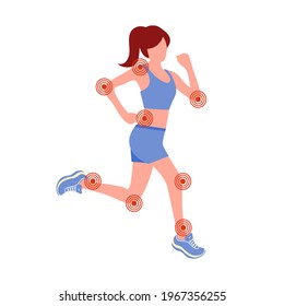 Woman running with joints pain in flat design on white background. Injury body during jogging. Muscle or bone problem.