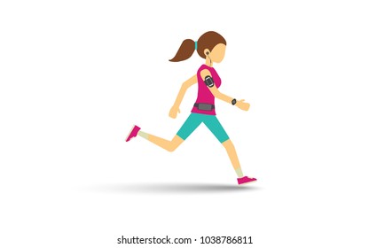 Woman running and listening music with gadget wireless earphone ,arm-band bag for smartphone ,smartwatch and Waist bag vector illustration flat style.Isolate on white background with drop shadow.